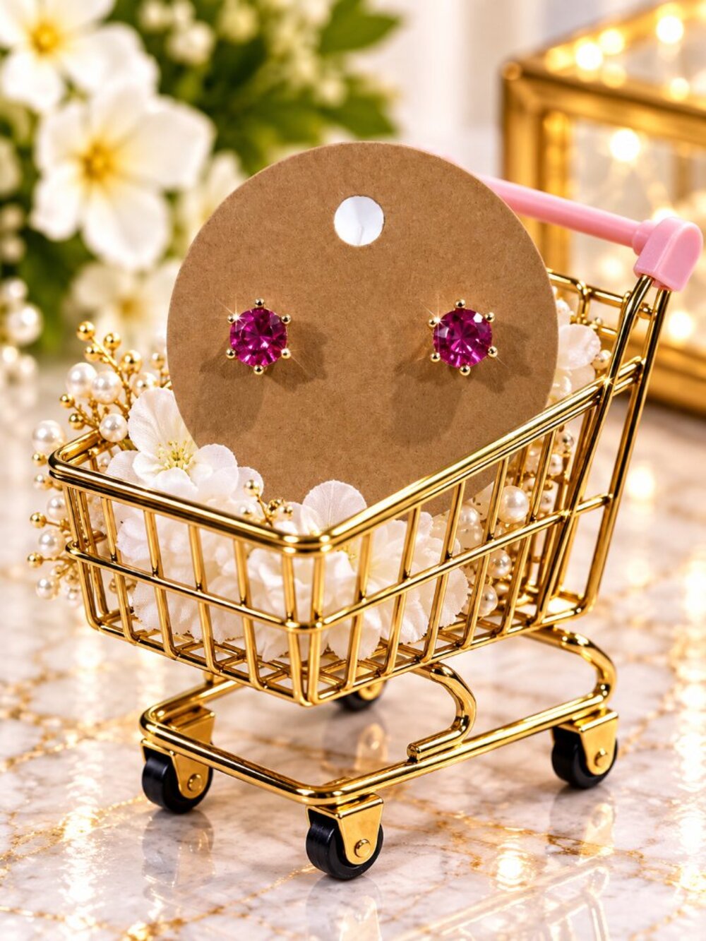 Gold Tone Fuchsia Pink Crystal Stud Earrings Round Solitaire Sparkly Jewelry